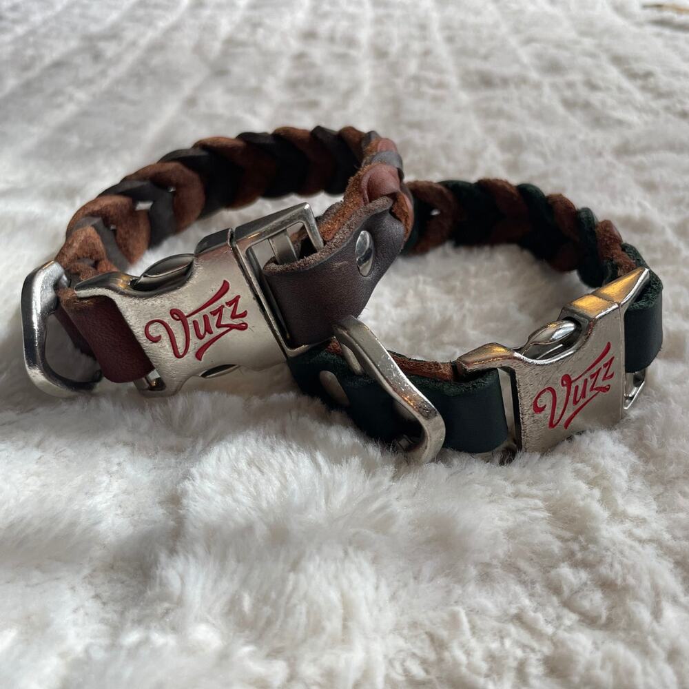 VUZZ Pair of braided leather quick-release dog collars D-ring heavy solid